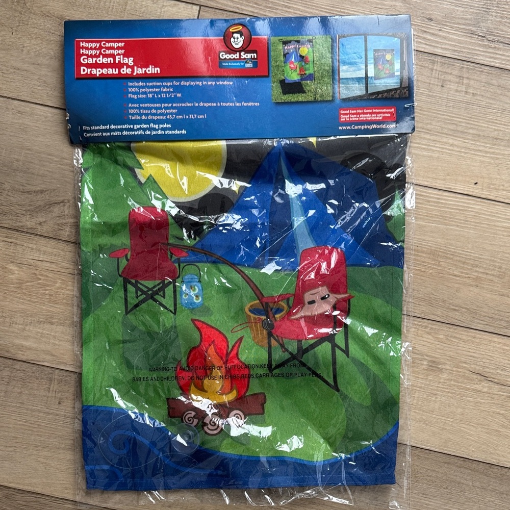 Happy Camper Garden Flag with Red and Green Design
